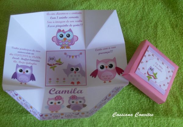 Convite Corujinhas Rosa e Lilás